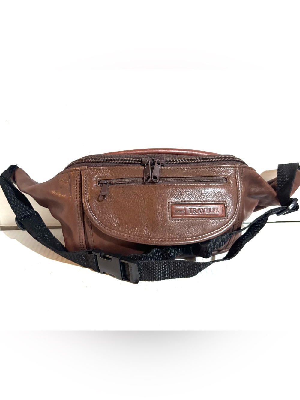 vintage Brown Leather Traveler Waist Bag with Black Strap